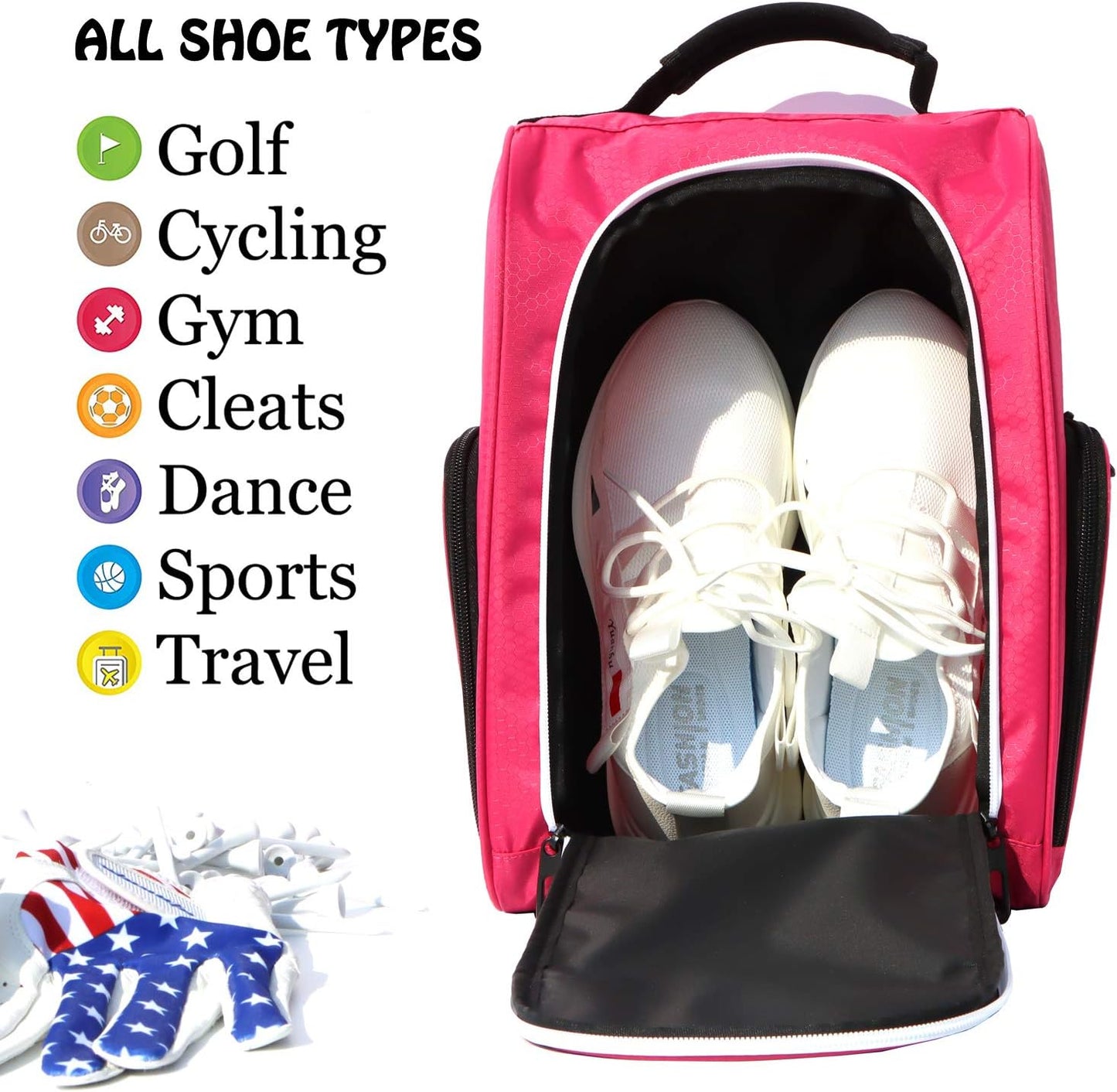 Golf Shoe Bag for Women,Zippered Golf Shoe Carrier Bag with Ventilation and 3 External Pockets for Golf Balls, Golf Glove, Tees and Other Golf Accessories(Red)