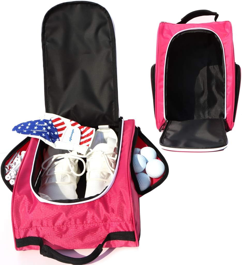 Golf Shoe Bag for Women,Zippered Golf Shoe Carrier Bag with Ventilation and 3 External Pockets for Golf Balls, Golf Glove, Tees and Other Golf Accessories(Red)