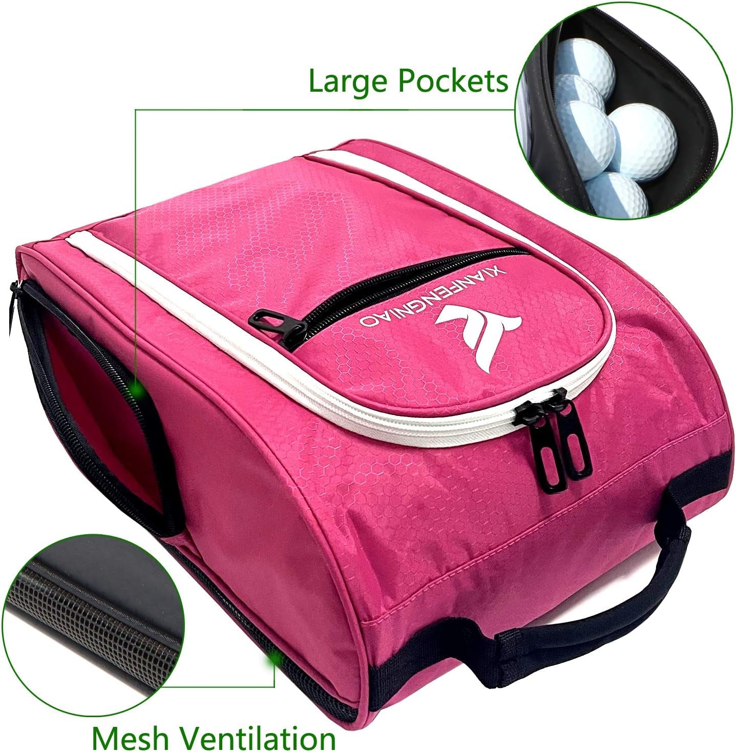Golf Shoe Bag for Women,Zippered Golf Shoe Carrier Bag with Ventilation and 3 External Pockets for Golf Balls, Golf Glove, Tees and Other Golf Accessories(Red)